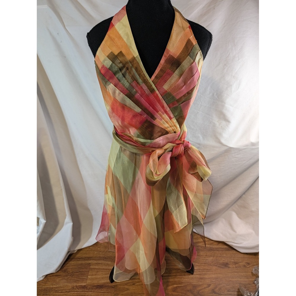 Chetta B 100% Silk Plaid Dress Size 4 Retro Garden Party Colorful